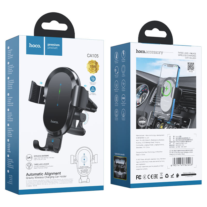 Держатель автомобильный Hoco CA105, беспроводная зарядка, 10W, воздуховод, черный