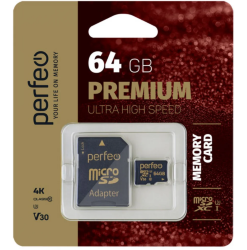 Perfeo microSDXC 64GB High-Capacity (Class 10) UHS-3 V30 PREMIUM с адаптером