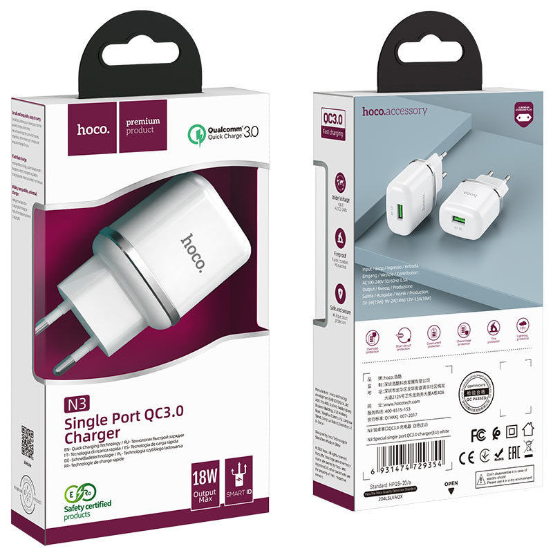 СЗУ с USB HOCO N3 18W, QC3.0, белое