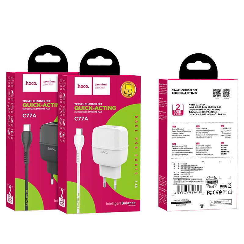 СЗУ HOCO C77A 2 разъема USB, 2.4A + кабель Type-C, черное