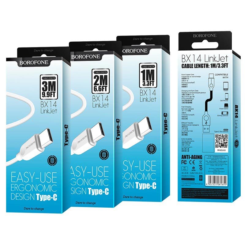 Кабель USB - Type-C Borofone BX14, 3A, 1 метр, белый