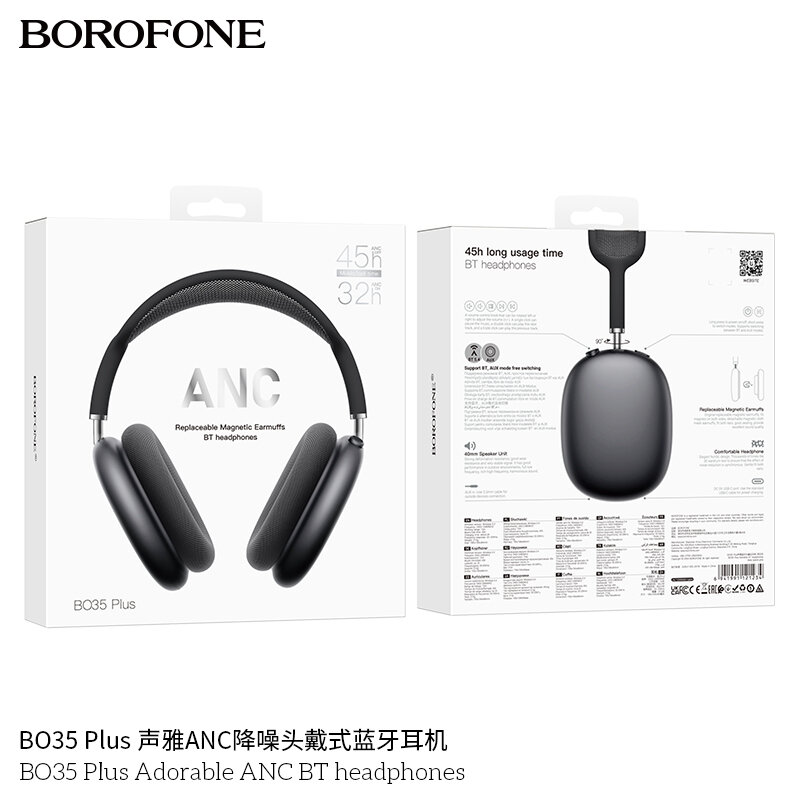 Гарнитура Bluetooth  BOROFONE BO35 Plus Adorable, ANC, магнитные амбушюры, полноразмерная, серая