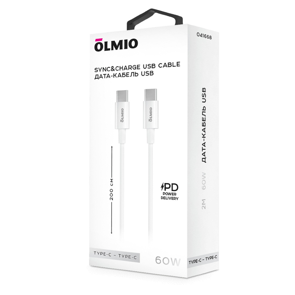 Кабель Type-C - Type-C Olmio 60W, 2 метра, белый