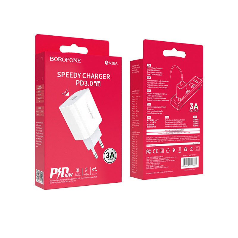 СЗУ с USB-C Borofone BA38A PD 3.0, 18W, белое