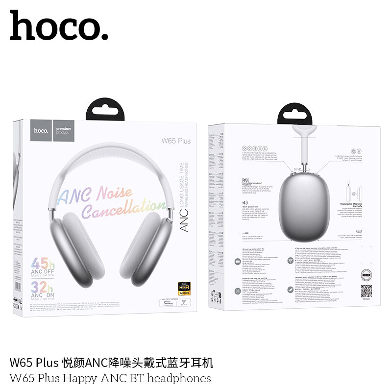 Гарнитура Bluetooth HOCO W65 Plus Happy, ANC,  bluetooth 5.4, магнитные амбушюры, серебро