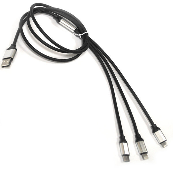USB кабель на 3 разъема ( iPhone 5, MicroUSB, Type-C) резиновый длинный черный