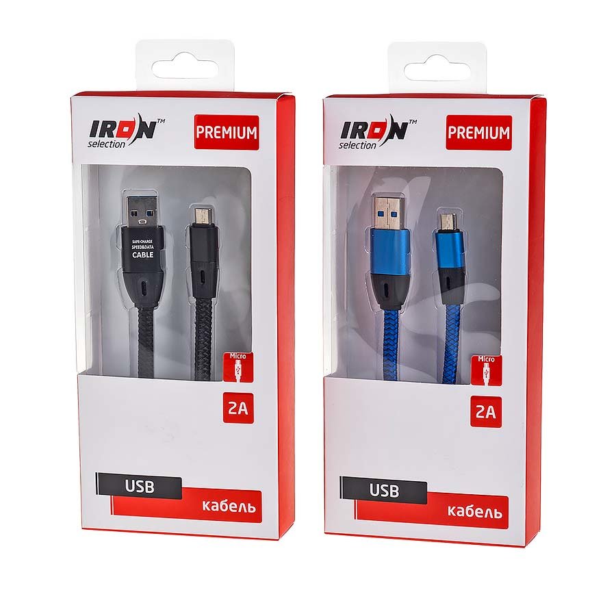 Кабель USB - MicroUSB Iron Selection PREMIUM ZT-06m 2A текстиль плоский плетеный черный