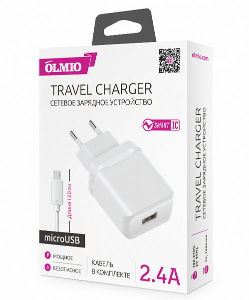 СЗУ с USB Olmio 2.4A Smart IC + кабель microUSB белое