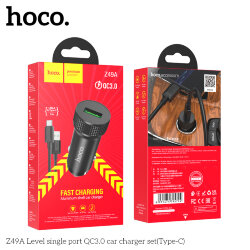АЗУ HOCO Z49A, 1*USB QC3.0 + кабель Type-C, удлиненный металлический корпус, черное