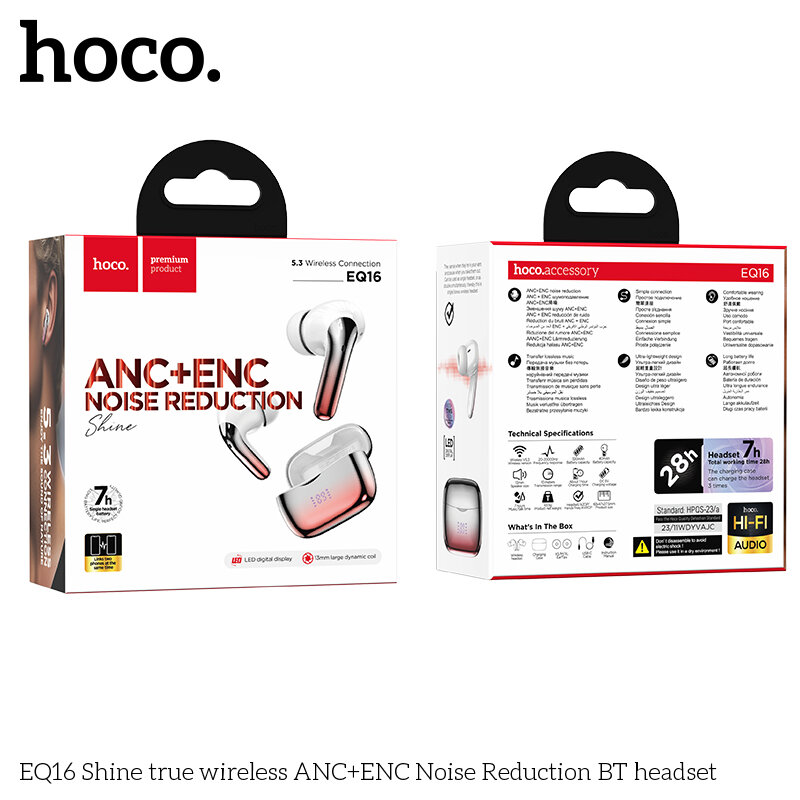 Наушники Bluetooth HOCO EQ16 Shine ANC + ENC TWS, красные