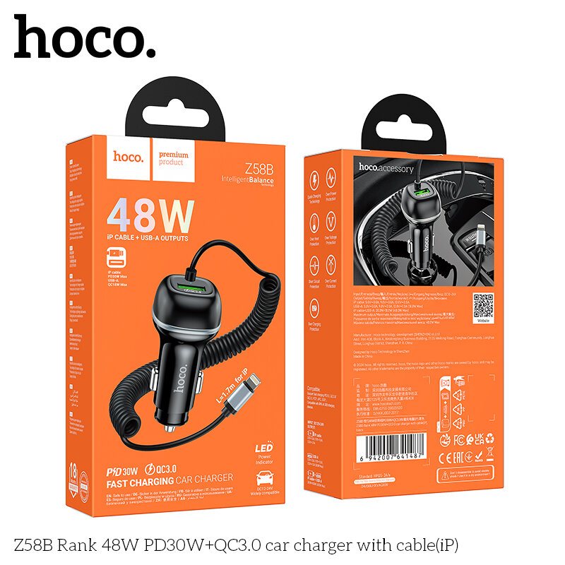 АЗУ HOCO Z58B, 1*USB QC3.0 18W + встроенный кабель Lightning PD30W, black