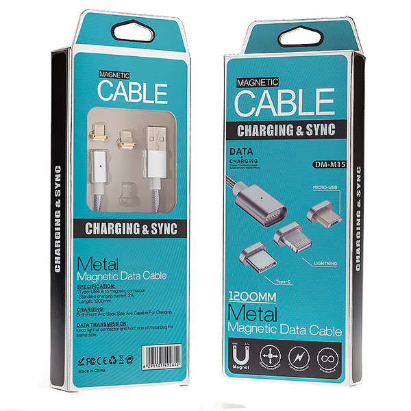 Кабель USB МАГНИТНЫЙ 2 в 1 DINAMI DM-M15 (MicroUSB - iPhone 5) 2A 1.2m ткань серебристый