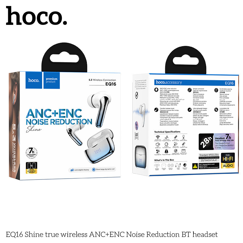 Наушники Bluetooth HOCO EQ16 Shine ANC + ENC TWS, синие