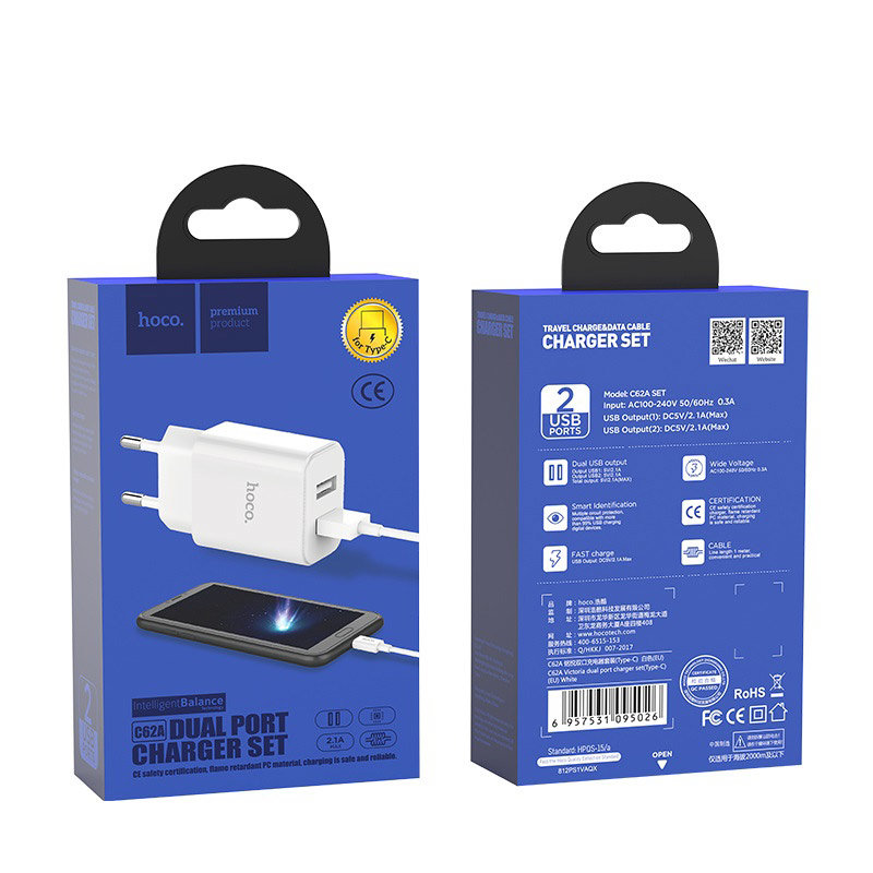 СЗУ HOCO C62A 2 разъема USB, Smart IC, 2.1A + кабель Type-C, белое