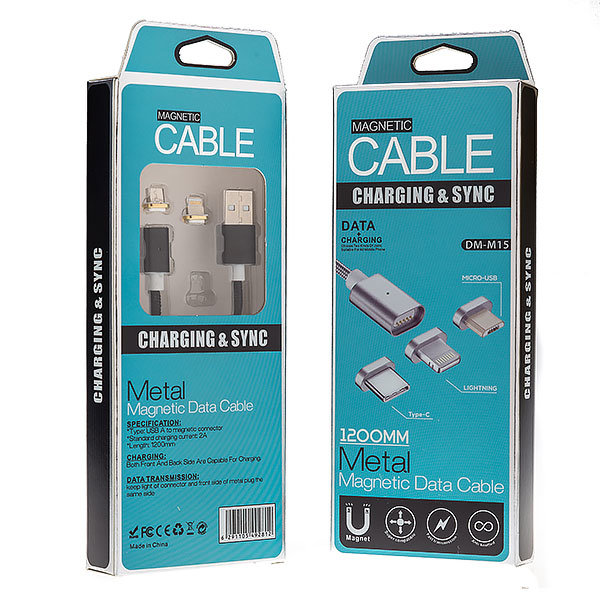 Кабель USB МАГНИТНЫЙ 2 в 1 DINAMI DM-M15 (MicroUSB - iPhone 5) 2A 1.2m ткань черный