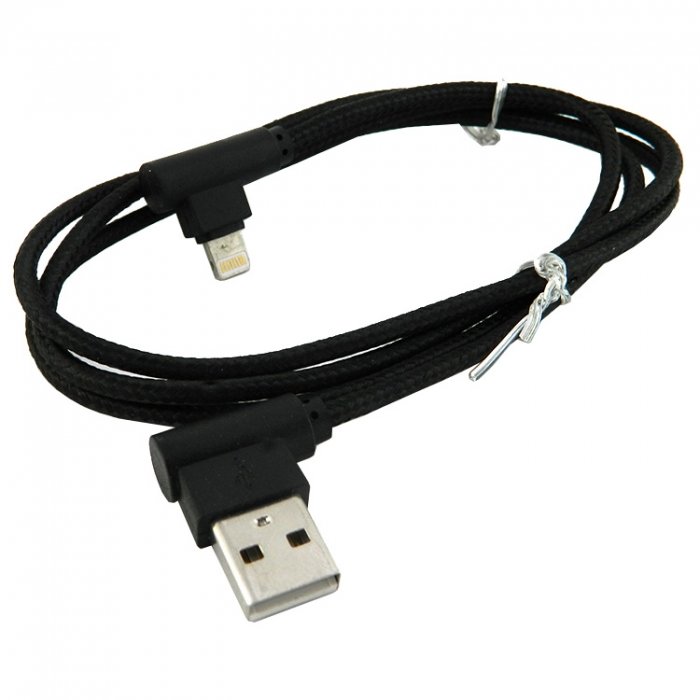 USB кабель на iPhone 5 WALKER C540 ткань угловой разъем черный (тех.пакет)