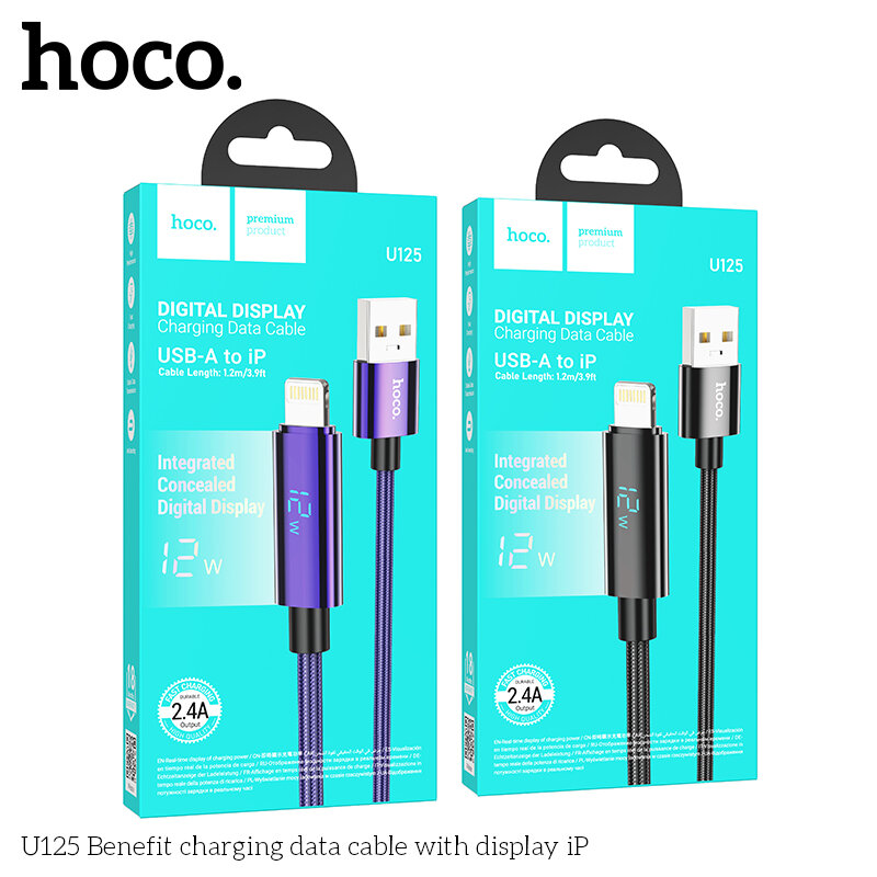 Кабель USB - Lightning HOCO U125 Benefit, 2.4A, с индикатором, 1.2 метра, черный