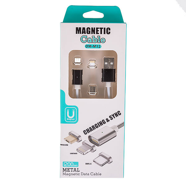 Кабель USB МАГНИТНЫЙ 3 в 1 DINAMI DM-M12 (MicroUSB - iPhone 5 - Type-C) 2A 1.2m бело-черный
