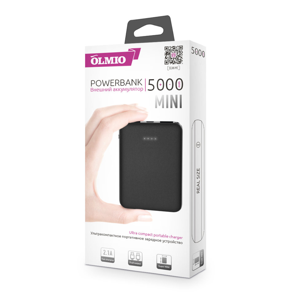 Внешнее ЗУ Olmio MINI-5 5000mAh, сверхкомпактный размер, 2.1A, 2 USB выхода, черный
