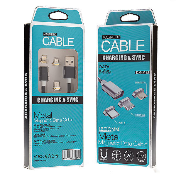 Кабель USB МАГНИТНЫЙ 3 в 1 DINAMI DM-M15 (MicroUSB - iPhone 5 - Type-C) 2A 1.2m ткань черный
