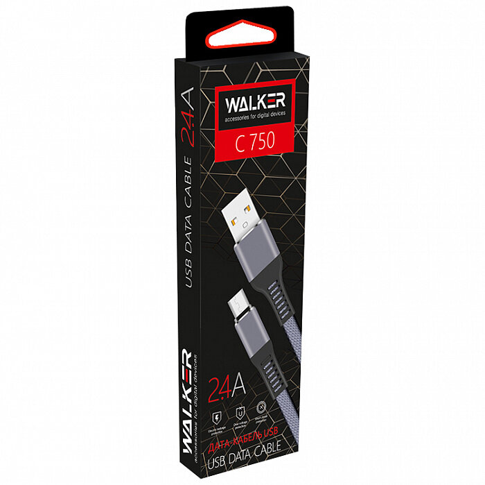 Кабель USB - Type-C WALKER C750 ткань плоский с металл. наконечником серый