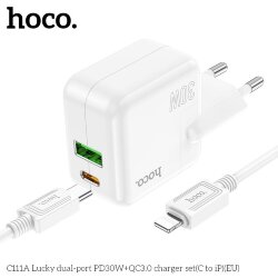 СЗУ HOCO C111A, 1 разъем PD30W + 1 разъем QC3.0 + кабель Type-C на Type-C, белое