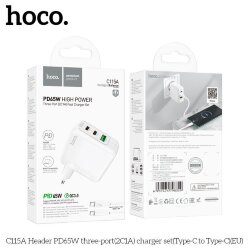 СЗУ HOCO C115A, 2 разъема PD65W + разъем USB QC3.0, белое