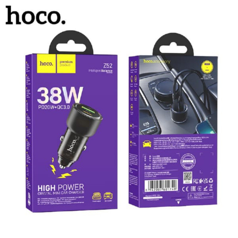 АЗУ HOCO Z52, 1*PD20W + 1*USB QC3.0, прозрачный корпус, black