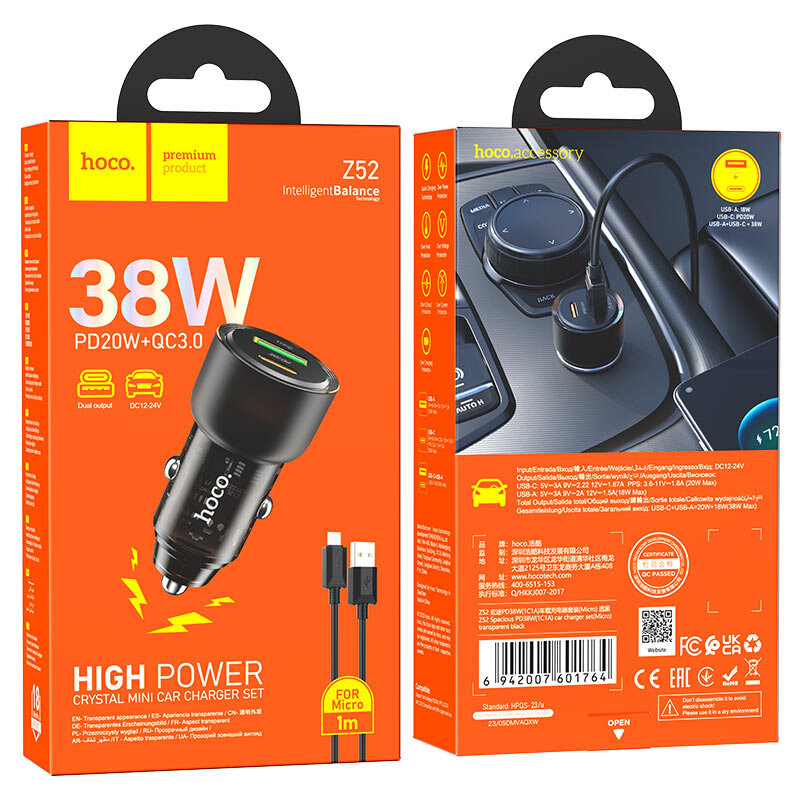 АЗУ HOCO Z52, 1*PD20W + 1*USB QC3.0 18W + кабель MicroUSB, прозрачный корпус, black