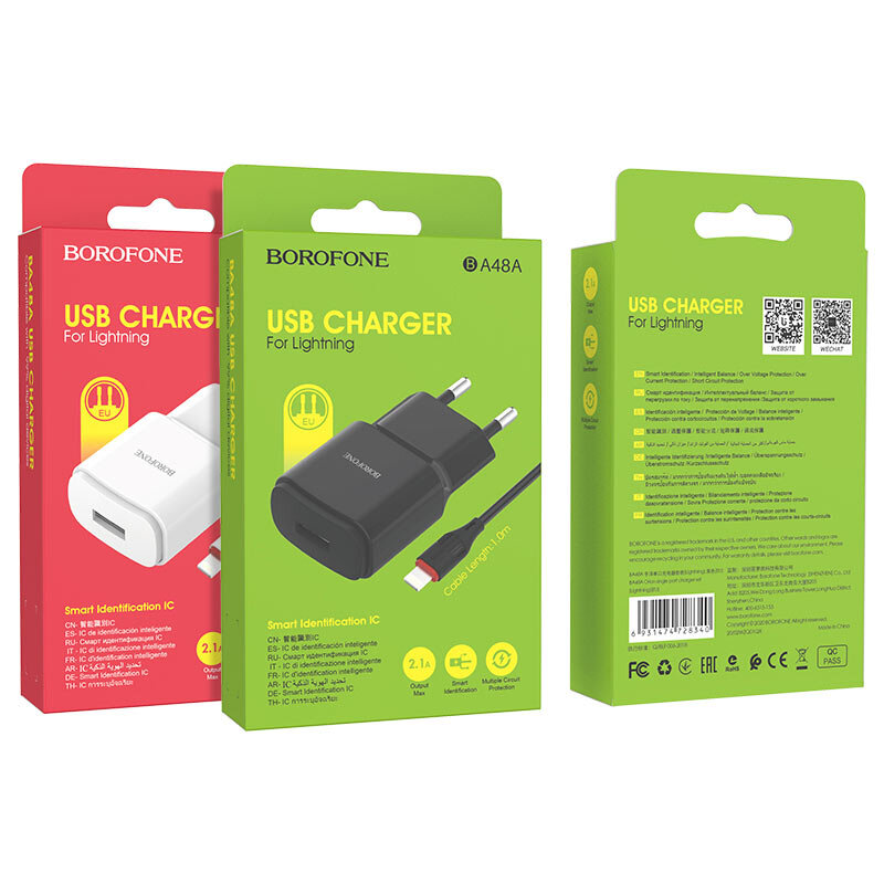 СЗУ с USB Borofone BA48A, 2.1A + кабель Lightning, белое