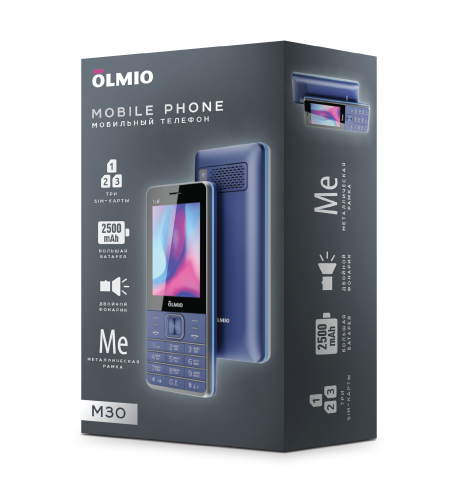 Мобильный телефон Olmio M30 (3 Sim, microSD/SD, BT, FM, 2500 mAh), blue