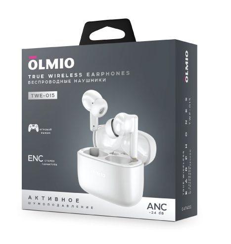 Наушники БЕСПРОВОДНЫЕ OLMIO "TWE-15" ANC+ENC, True Wireless, белые