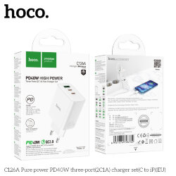 СЗУ HOCO C126A, 2 разъема PD40W + 1 разъем QC3.0 3A + кабель Type-C на Lightning, белое