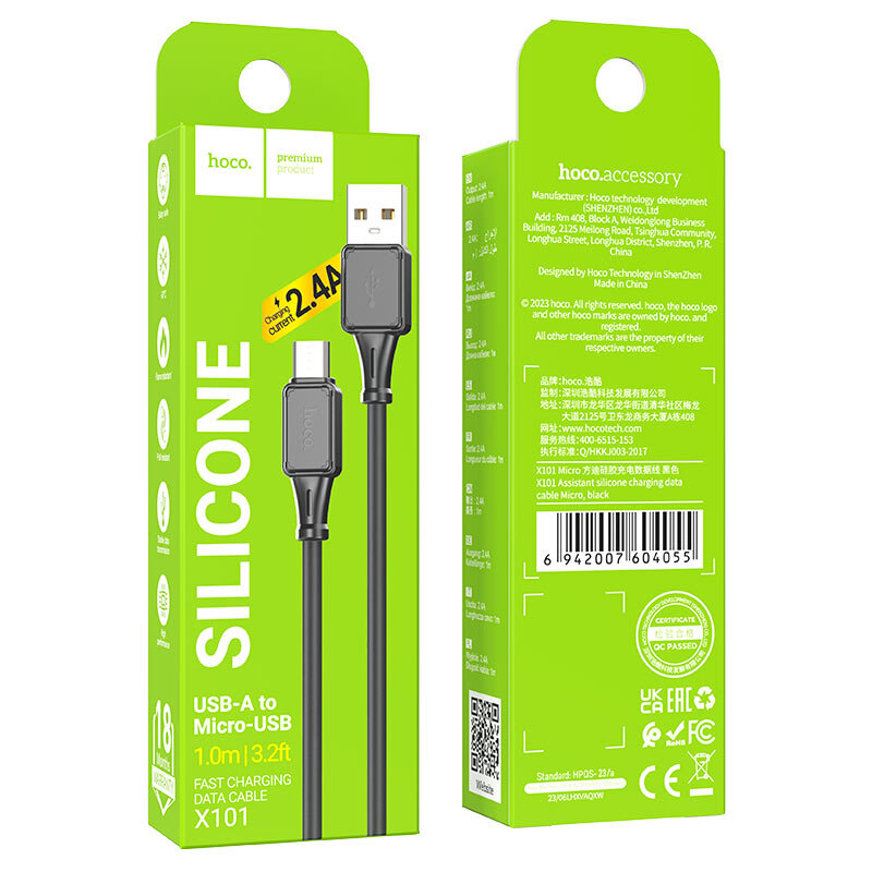 Кабель USB - MicroUSB HOCO X101 Assistant 2.4A, 1 метр, черный