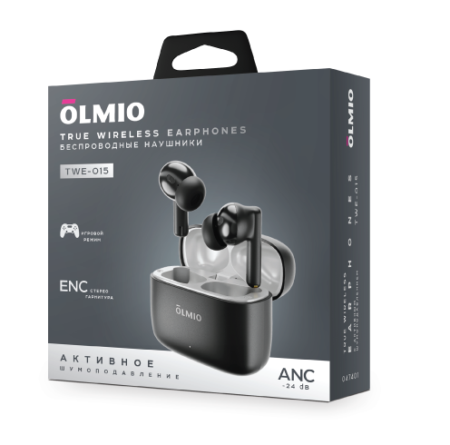 Наушники БЕСПРОВОДНЫЕ OLMIO "TWE-15" ANC+ENC, True Wireless, черные