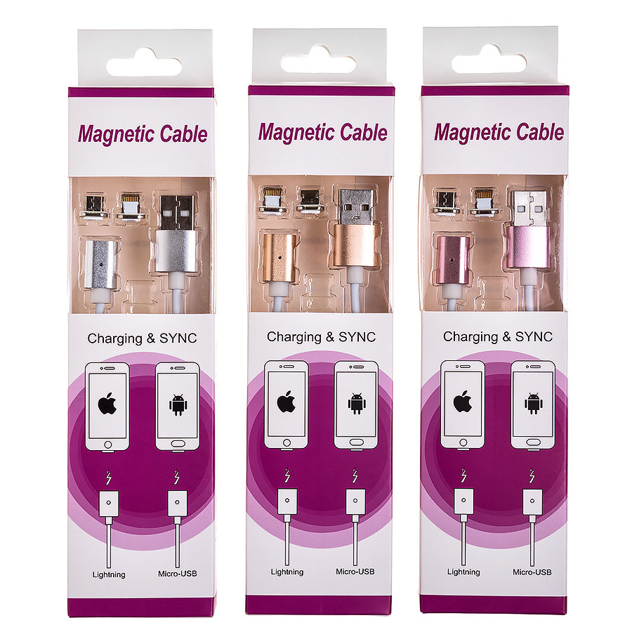 Кабель USB МАГНИТНЫЙ 2 в 1 (MicroUSB - iPhone 5) 2A 1.0m резиновый серебро