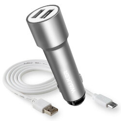 АЗУ WALKER WCR-22 2 разъема USB 2.4A удлиненный корпус + кабель MicroUSB серебро