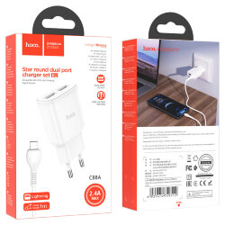СЗУ HOCO C88A 2 разъема USB, 2.4A + кабель Lightning, белое