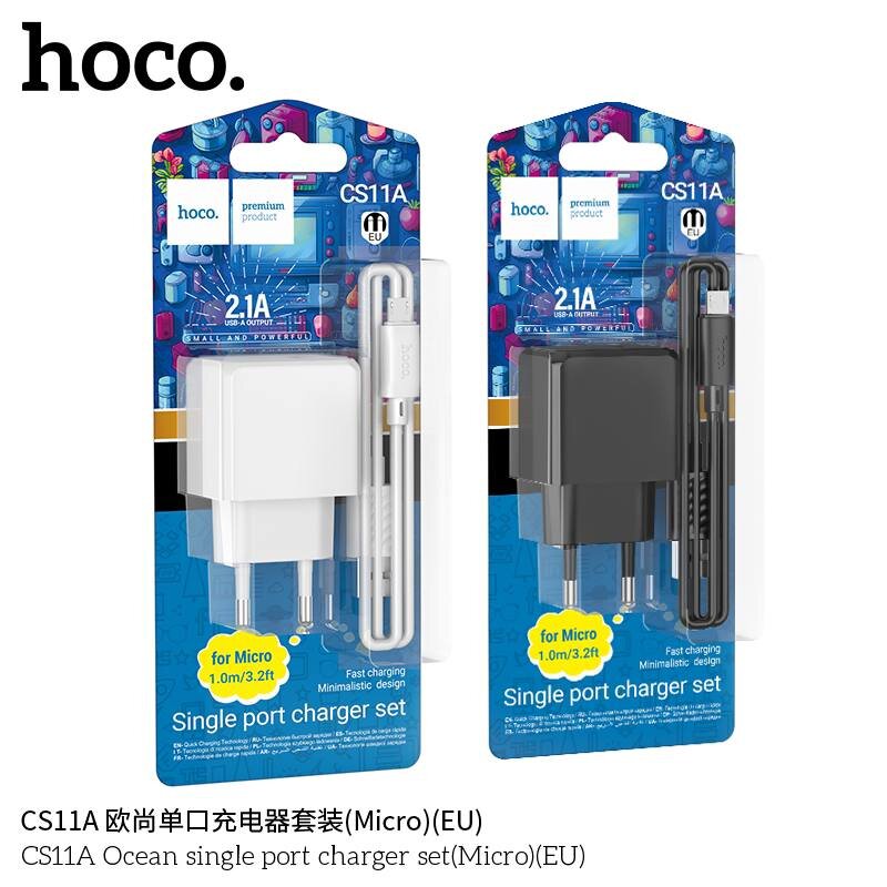 СЗУ HOCO CS11A, 1*USB, 2.1A 10.5W + кабель MicroUSB, блистер, черное