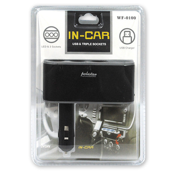 Разветвитель автомобильный WF-0100 3 разъема с USB 500mA