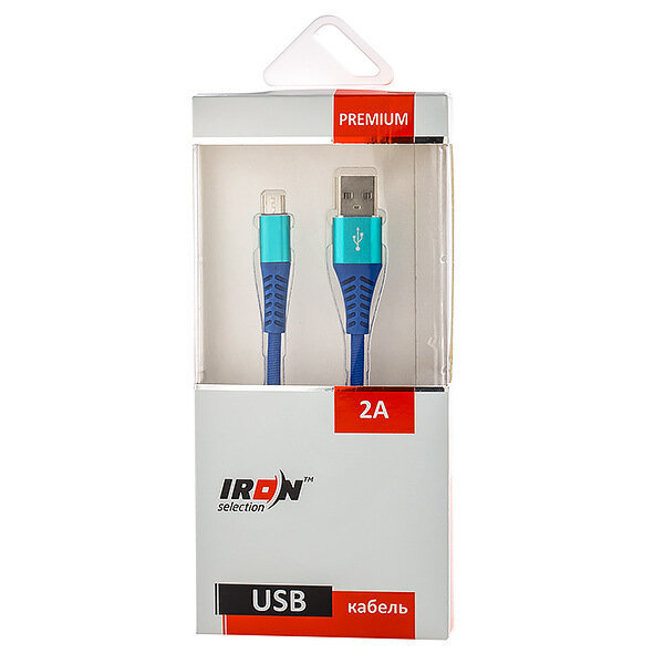 Кабель USB - MicroUSB Iron Selection PREMIUM 2A текстильный круглый синий