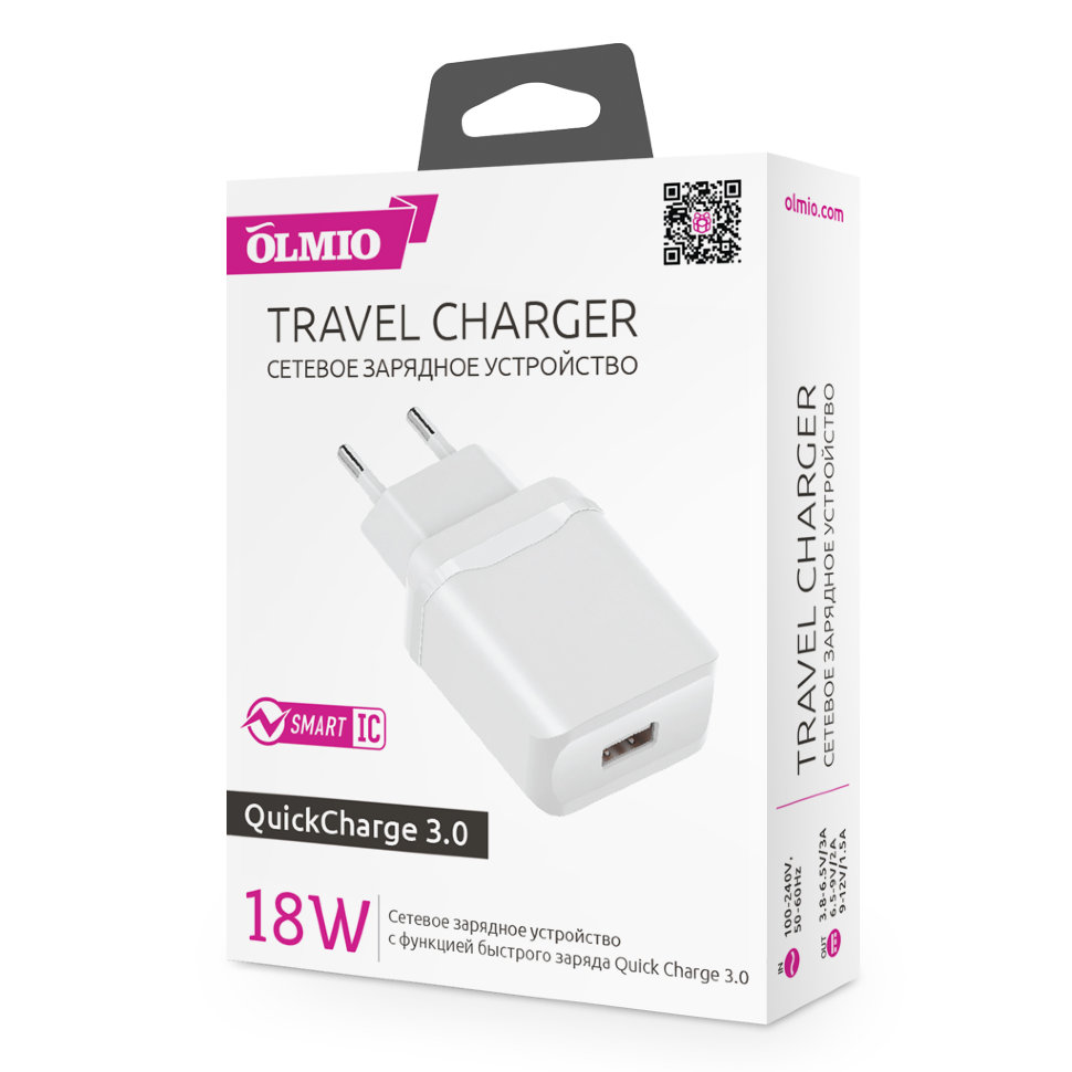 СЗУ с USB Olmio 3A, QC3.0, 18W, белое