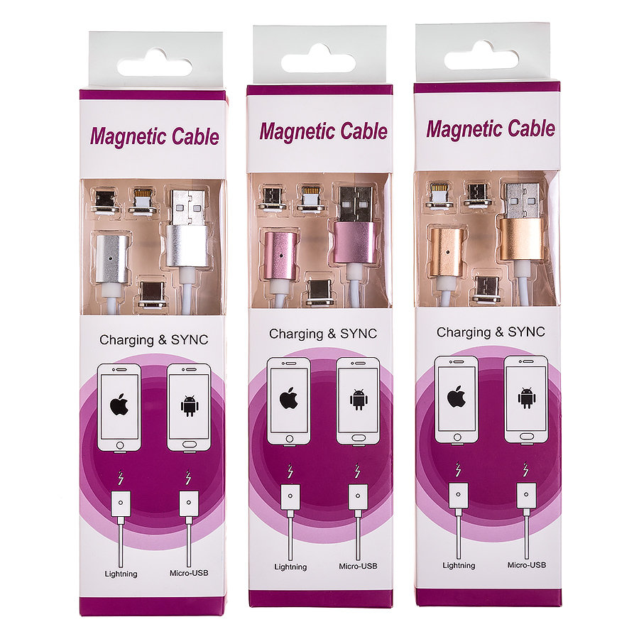 Кабель USB МАГНИТНЫЙ 3 в 1 (MicroUSB - iPhone 5 - Type-C) 2A 1.0m резиновый золото