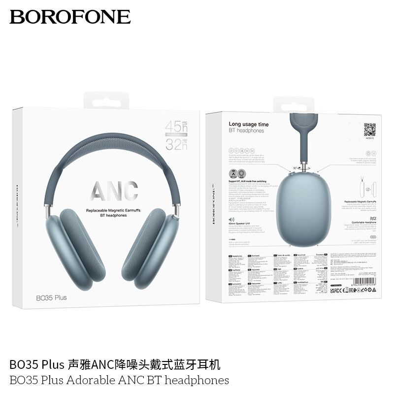 Гарнитура Bluetooth  BOROFONE BO35 Plus Adorable, ANC, магнитные амбушюры, полноразмерная, синяя