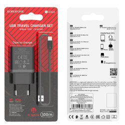 СЗУ Borofone BA52A 1 разъем USB, 2.1A + кабель Lightning, черное