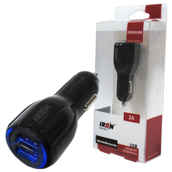 АЗУ с 2-мя разъемами USB IRON Selection PREMIUM, 2A, Fast Charge, черное
