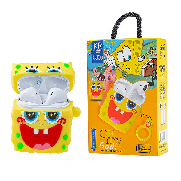 Наушники BLUETOOTH KR 8000 с резиновым чехлом Sponge Bob, белые