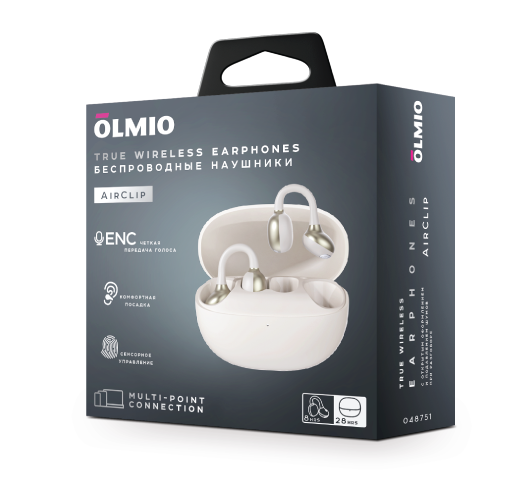 Наушники БЕСПРОВОДНЫЕ OLMIO AirClip, OWS design, ENC, True Wireless, белые
