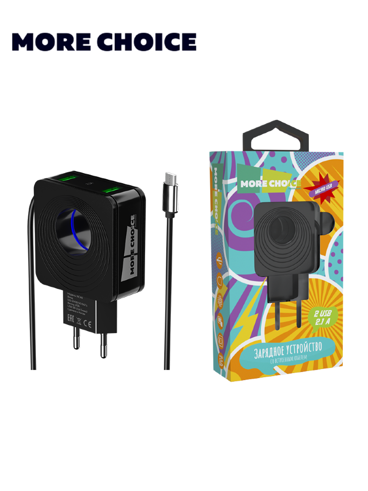 СЗУ More Choice с 2USB, 2.1A, встроенный кабель Micro USB, LED подсветка, NC48m (Black)