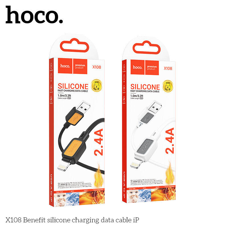 USB кабель на iPhone 5 HOCO X108 Benefit silicone, 1 метр, белый